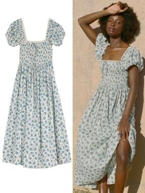 Doen Blue Floral Stanza Puff Sleeve Cotton Midi Dress